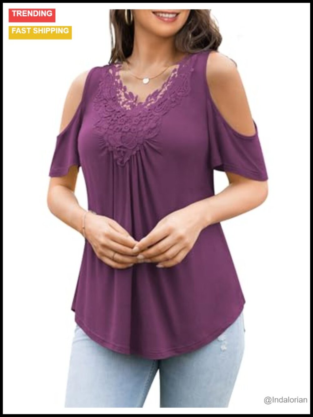 Plus Size Tunic Top Lace Crochet V-Neck Cold Shoulder Casual Blouse